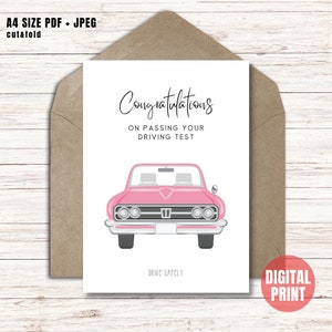 Afdrukbare rijexamenkaart voor haar, nieuwe roze autokaart voor bestuurder, cadeau voor rijexamen, gefeliciteerd met het behalen van je diploma, digitale instant download