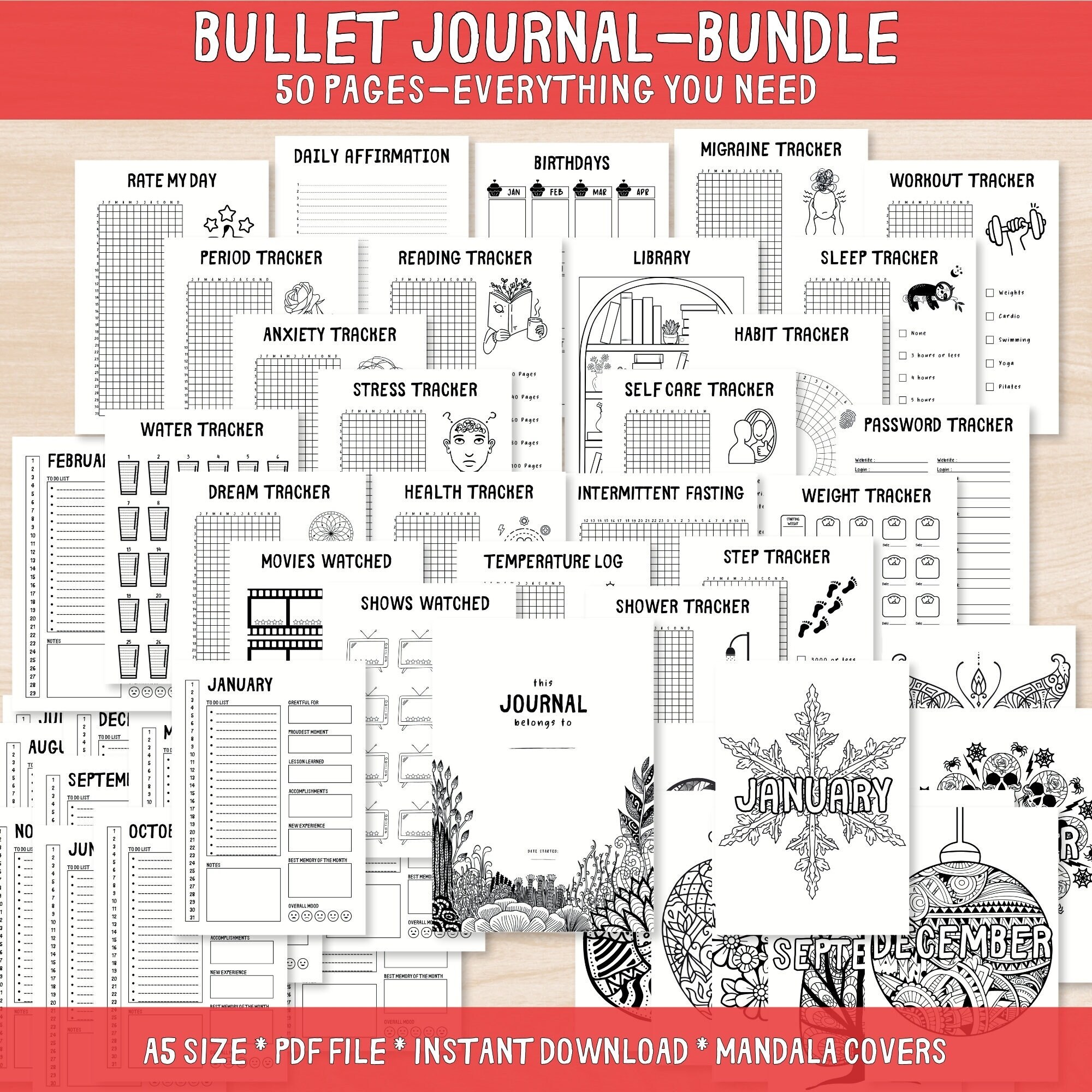 Printable Bullet Journal Pages, Digital Planner Kit, Yearly Trackers ...