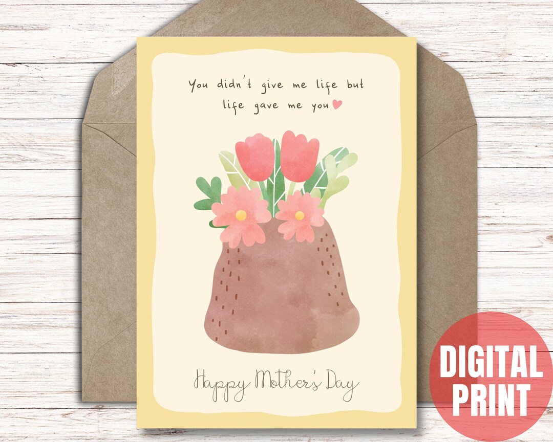 Printable Mothers Day Card for Step Mum, Bonus Mom Card With Flowers, Instant Download PDF JPG ...