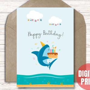 Cartão de aniversário de tubarão fofo para crianças, cartão de aniversário para impressão para meninos - download instantâneo PDF JPG - cartão cortado e dobrado 5x7
