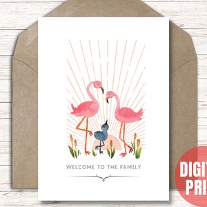 Flamingo Baby Willkommenskarte für Adoption Geschenk neue Eltern - druckbare Sofortiger Download PDF JPG - 5 x 7 Cut and Fold Karte