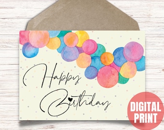 Printable Birthday Card, Simple Card for Bday with Balloons, Digital Birthday Gift, Instant Download PDF JPG - 5x7 Cut and Fold Card