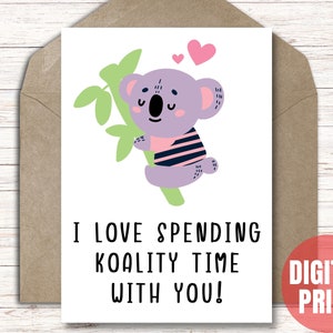 Cyfrowa walentynkowa karta, zabawna karta z żartem koala, walentynkowa do wydrukowania, natychmiastowe pobranie pliku PDF JPG- 5x7 wytnij i złóż kartę