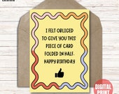Funny Coworker Birthday Card: Obliged Pun, 5x7 Printable (PDF & JPEG)
