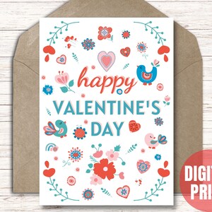 Valentijnsdagkaart - Romantische kaart bloemen en vogels - afdrukbare pdf-bestand direct downloaden - kaart knippen en vouwen