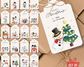 May include: Set of 20 printable Christmas gift tags featuring a snowman and a Christmas tree with stars. The tags are white with a rounded top and bottom. The text on the tag reads "Merry Christmas" with a handwritten font. The text "To: James" and "From: The Williams" is also included on the tag.
