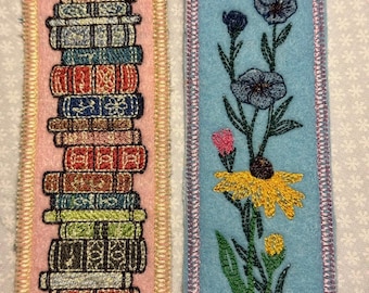 Embroidered Floral  or Book Stack Bookmark: Handmade Cotton or Felt