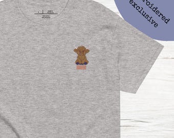 T-shirt Vache Highland Brodé Unisexe – Tee Animal Mignon – Broderie Vache – Cadeau Nature – 100% Coton