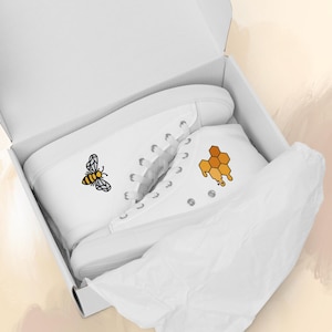 Custom Women’s High Top Canvas Shoes – Bee & Honeycomb Print, Unique Hand-Drawn Design, White Sneakers, Cute Gift