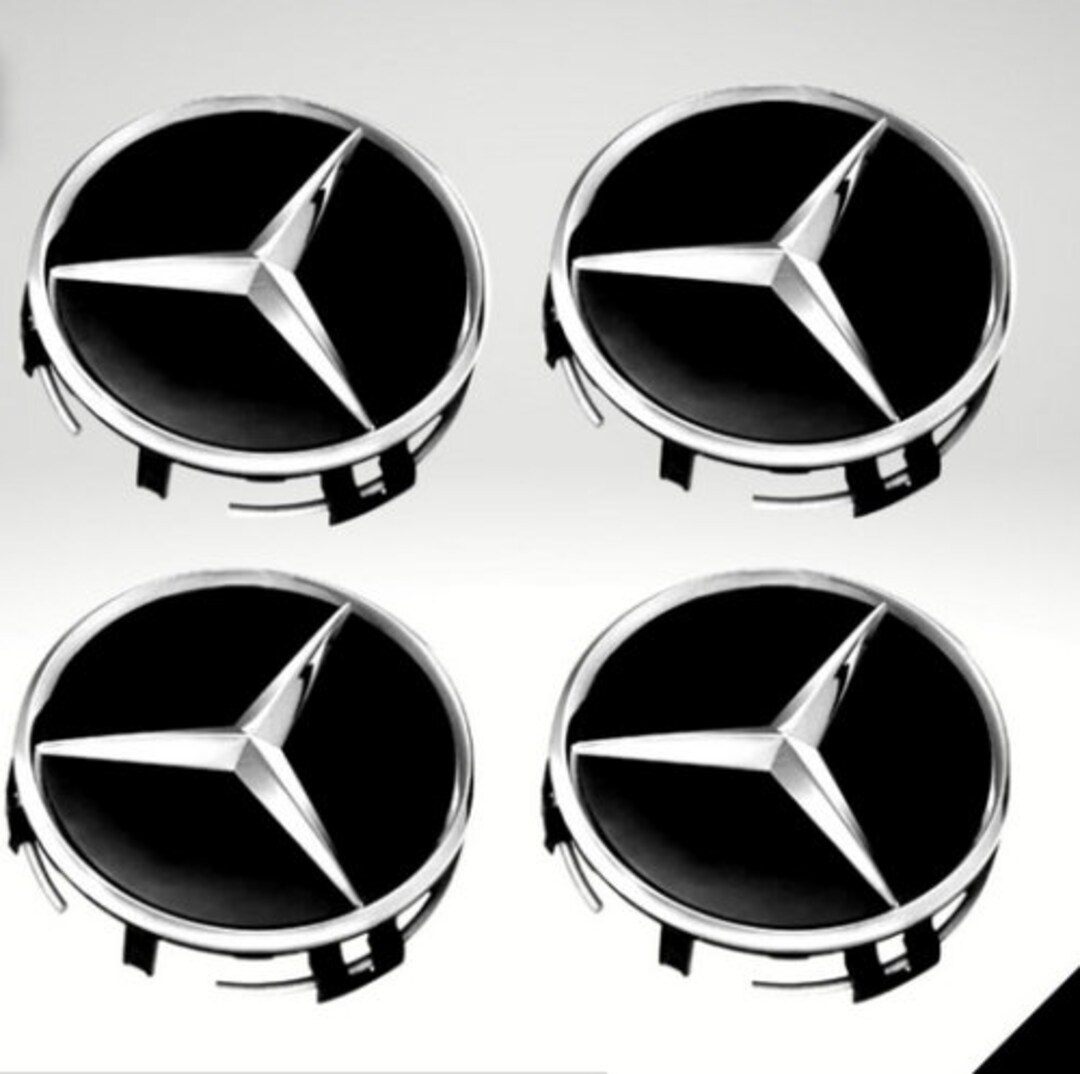 Set of 4 MERCEDES-BENZ 75mm Black & Silver Wheel Center Hub Caps Cover ...