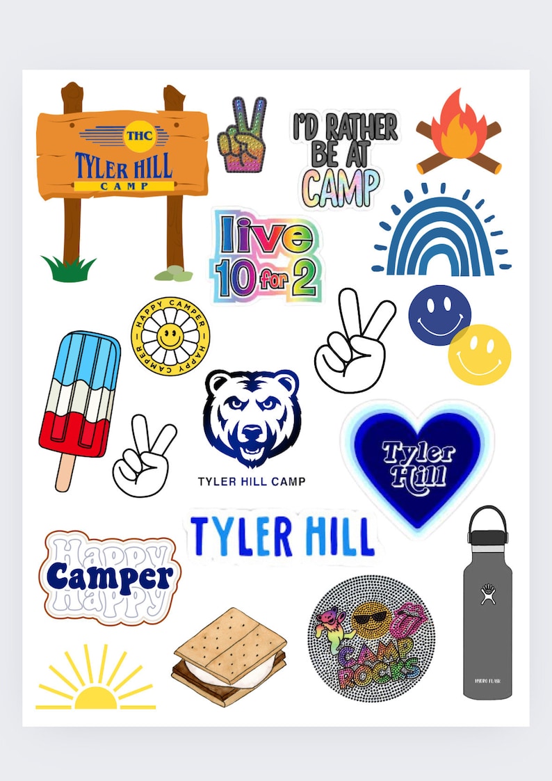May include: A collection of colorful stickers featuring a variety of summer camp themes, including a bear, a rainbow, a campfire, a peace sign, a popsicle, a s'more, a water bottle, and the text "Tyler Hill Camp".