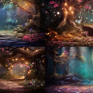 Lot de 4 toiles de fond numériques Forêt enchantée