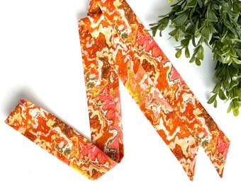 Floral Crepe de Chine Skinny Scarf, Orange Pink Moss Hair Tie
