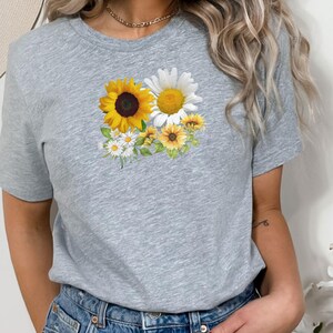 Sunflower and Daisies on a Cotton Tee, Full Chest Design, Flower Shirt, Mom Gift, Flower Gift, Sunflower Gift, Girl Gift, Gift for Her