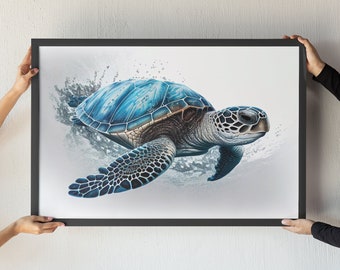 Blue Sea Turtle Wall Art on White Background Printable Ocean Art Beach Prints Downloadable Art Sea Animals Sea Turtle Print Underwater Print
