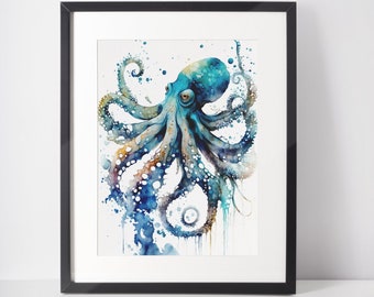 May include: Watercolor painting of a blue octopus with swirling tentacles and white spots. The artwork is framed in a black frame with a white mat, creating a striking contrast. The octopus is the focal point, with shades of blue, teal, and brown.