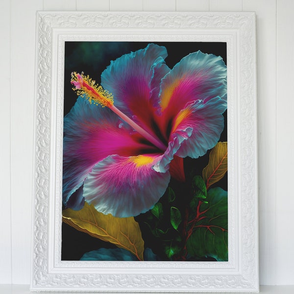 Peinture de fleurs d'hibiscus aux couleurs vives, téléchargement numérique mural rose bleu, art imprimable de fleurs d'hibiscus, meilleure peinture d'hibiscus