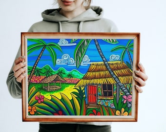 Colorful Tropical Beach Hut | Printable Ocean Art and Beach Prints Downloadable Art | Thatched Roof Beach Hut | Digital Download | Hut