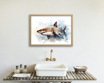 Arte de pared de gran tiburón blanco marrón y beige sobre fondo blanco / Arte oceánico imprimible e impresiones de playa Arte descargable / Gran tiburón blanco
