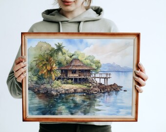 Colorful Tropical Beach Hut | Printable Ocean Art and Beach Prints Downloadable Art | Thatched Roof Beach Hut | Digital Download | Hut