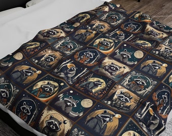 Retro Raccoon Graphic Plush Blanket: Vintage Bedroom Decor