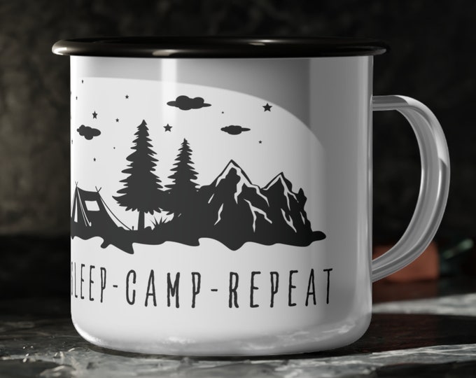 Featured listing image: Eat Drink Sleep Camp Repeat Enamel Camp Mug, Gift for Camp Lover, Enamel Camp Cup, Enamel Camping Mug, Gift for Camp Enthusiast, Outdoor Mug