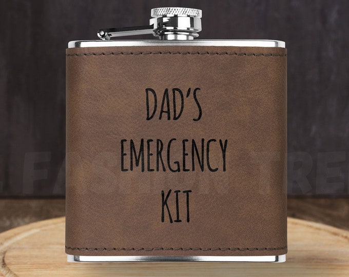 Featured listing image: Dad's Emergency Kit Flask, Flask for Men, Funny Flask for Dad, 6oz flask, Leather Cover Flask, Engraved Flask, Fathers Day Gift, Small Flask