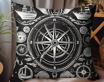 Nautical Spun Polyester Square Pillow, Coastal Pillow, Boat Accessories, Sail Boat Pillow, Marine Biology, Gift for a Sailor, Naval Pillow