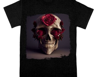 Rose Skull Print Heavy Cotton T-Shirt - Made in USA
