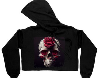 Sweat à capuche court crâne de fleurs - Sweat-shirt roses pour femme