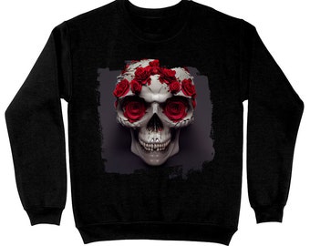Sudadera de cuello redondo con calavera floral: jersey de moda gótica