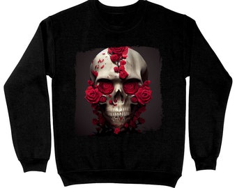 Sudadera con estampado de calavera floral: cuello redondo con rosas góticas