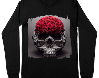 Camiseta de manga larga con estampado de calavera y rosas - Fabricada en EE. UU.