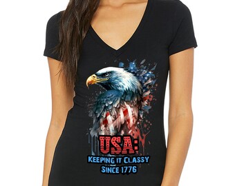Camiseta de cuello en V con águila del orgullo americano - Camiseta patriótica para mujer