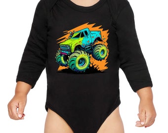 Monster Trucks Print Baby Long Sleeve Bodysuit - Graphic Baby Long Sleeve Bodysuit - Car Baby One-Piece