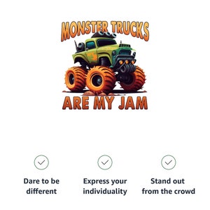 Pu&ograve; includere: Camion monster verde con pneumatici grandi e il testo "MONSTER TRUCKS ARE MY JAM".
