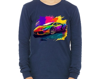 Maglietta a maniche lunghe per bambini con grafica di auto sportive colorate
