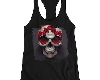 Kwiatowy top z czaszką i nadrukiem typu racerback: graficzny top do ćwiczeń