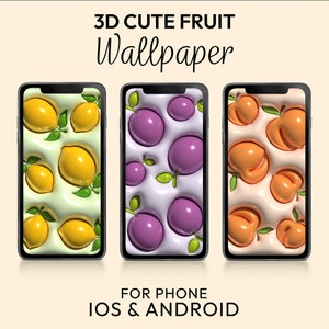 3D Fruit Wallpaper for iPhone and Android whimsical  - Lemon, Peach, Plum. Digital Wallpaper 3D Art Puffy Wallpaper trending now top sellers