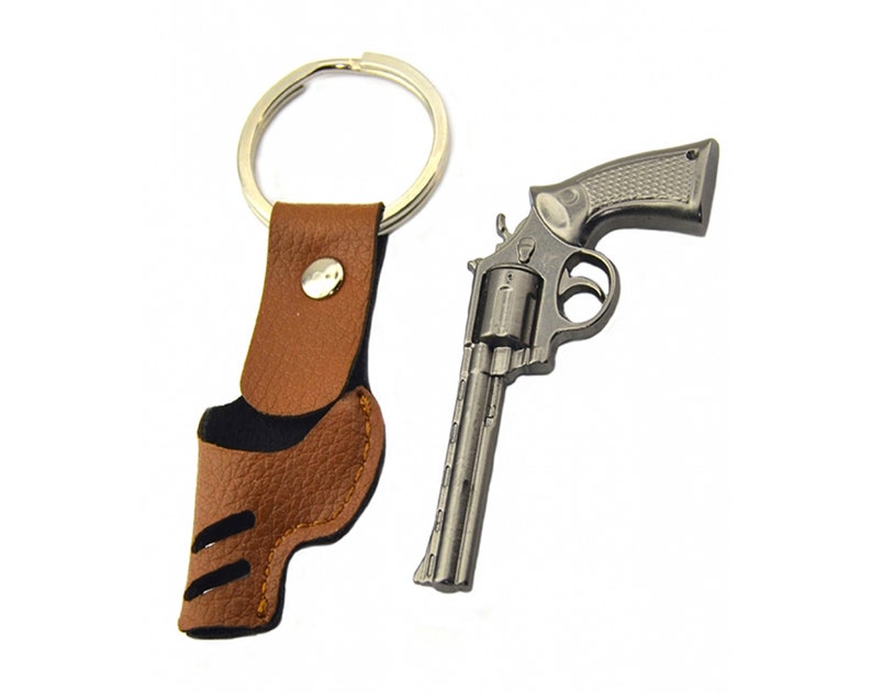 Gray Revolver Keychain in Leather Gun Holster Cool Gun - Etsy