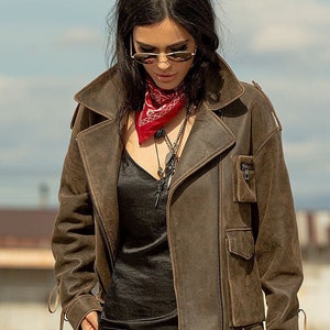 Vintage look leather jacket, nubuck leather jacket, rocker woman jacket Genuine leather woman designer clothing image 2
