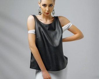 Black leather top, woman leather summer blouse, sleeveless long leather tee | Genuine leather woman Spring fashion clothing
