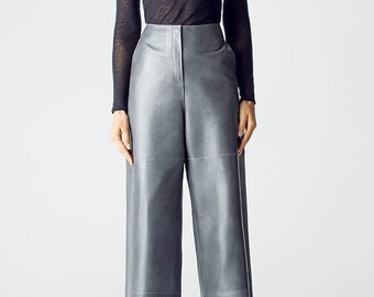 Grey leather pants, wide leg leather pants, leather palazzo trousers | Genuine leather woman fashion clothing