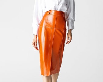 Orange leather skirt, high waist pencil skirt | Genuine leather woman fashion clothing