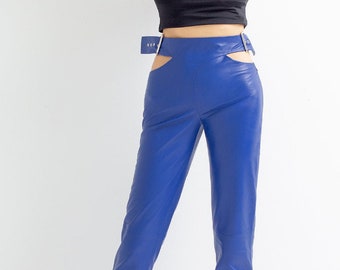 Blue leather pants, genuine leather leggings with extravagant belt | Genuine leather woman designer clothing
