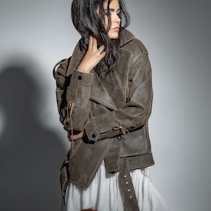 Vintage look leather jacket, nubuck leather jacket, rocker woman jacket Genuine leather woman designer clothing image 1