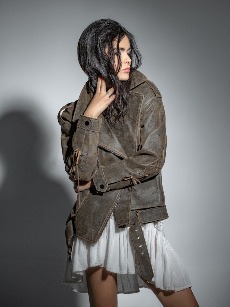 Vintage look leather jacket, nubuck leather jacket, rocker woman jacket Genuine leather woman designer clothing image 1