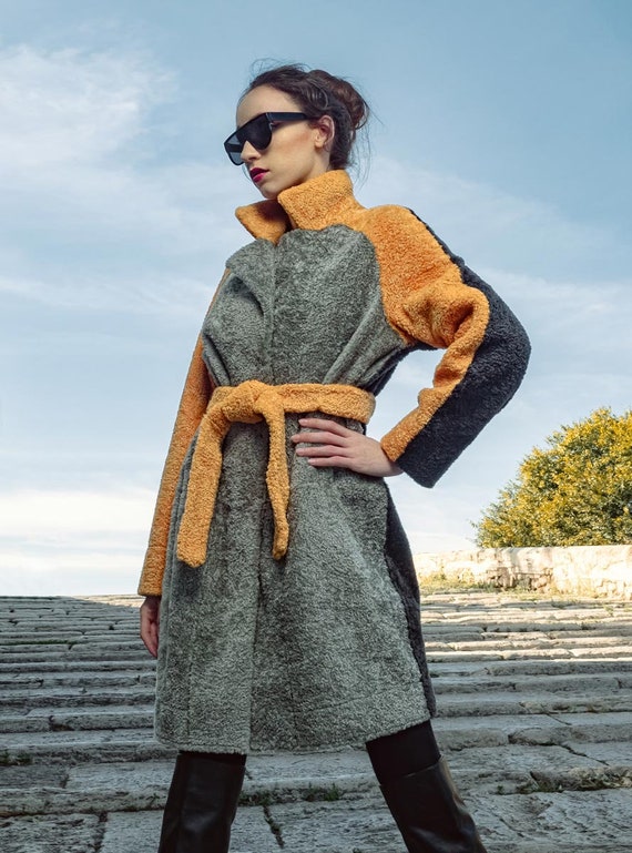 Upcycled Intarsia Shearling Coat in Grey 