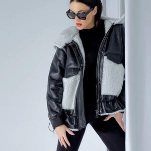 Shearling winter coat, sheepskin winter jacket, genuine leather black coat / hood / pockets | Premium sheepskin woman leather fashion