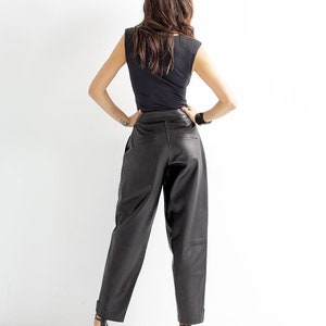 High waist leather pants, straight leg leather trouser | Genuine leather woman Spring fashion clothing image 4